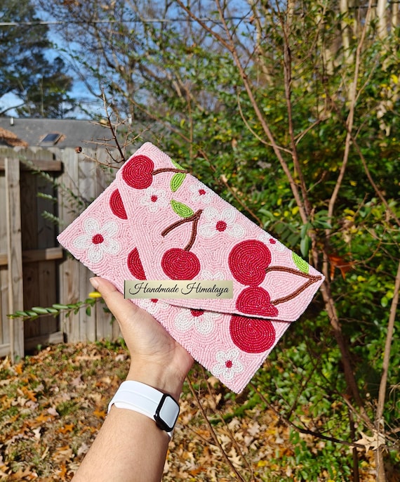 Pink Cherry Beaded Clutch, Cherry Seed Bead Purse, Handmade Fruit Pattern Handbag