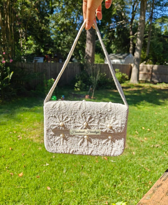 White Bridal Beaded Bag, Pearl Accents Bag, Wedding Shoulder Bag, Bride Bridesmaid Gift, Handmade Himalaya Bag, Beaded Handbag
