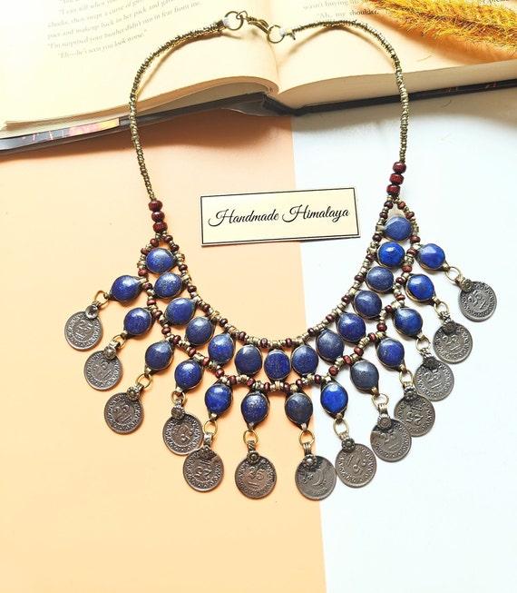 Afghan Lapis Jewelry, Afghani Coin Necklace, Tribal Hippie Ethnic Belly Dancer Accessories, Unique Wedding Gift