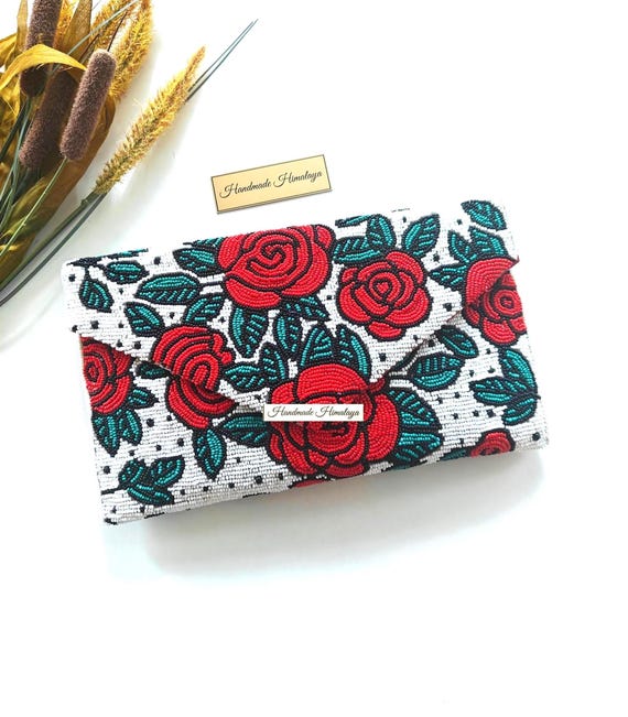 Red Rose Beaded Clutch | Floral Wedding Guest Evening Purse