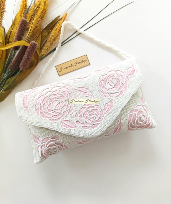 Pink Rose Beaded Clutch | White Floral Seed Bead Bridal Bag | Evening Wedding Crossbody Purse