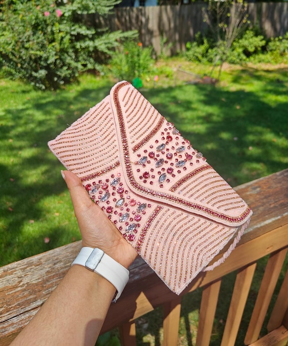 Pink Beaded Clutch, Rhinestone Embroidered Purse, Crossbody Bag, Party Evening Clutch, Prom Purse, Gift for Her, Formal Purse, Beaded Purse