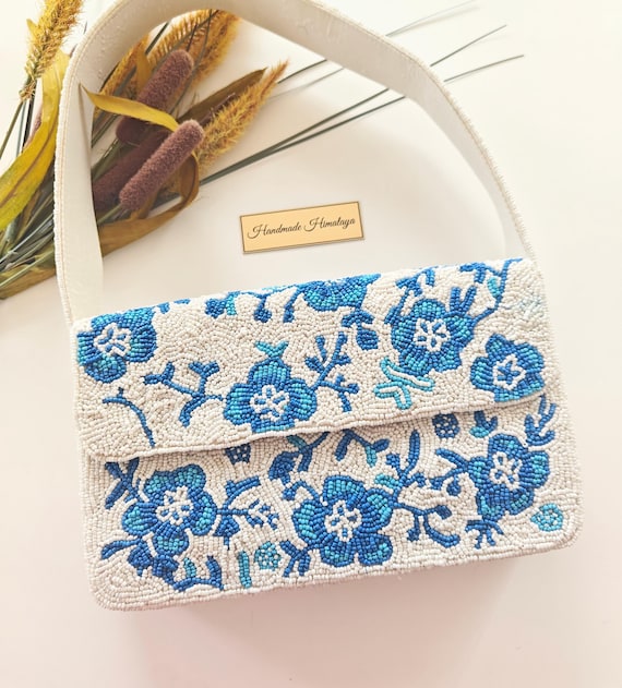 Blue Floral Beaded Bag | White Beaded Bridal Handbag | Boho Summer Party Evening Purse