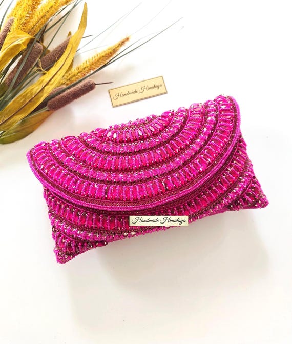 Hot Pink Crystal Beaded Clutch: Fuchsia Wedding Evening Bag