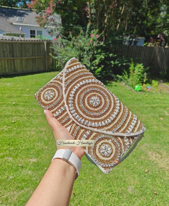 Gold and Silver Beaded Clutch, Envelope Purse Crossbody Bag for Evening Parties