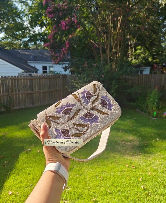 White Beaded Bag, Lilac Purple Floral Beaded Bridal Shoulder Bag, Ivory Wedding Clutch