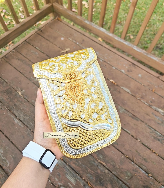 Silver and Gold Brass Clutch, Floral Engraved Metal Purse, Dual-Tone Crossbody Bag, Vintage-Style Evening Handbag