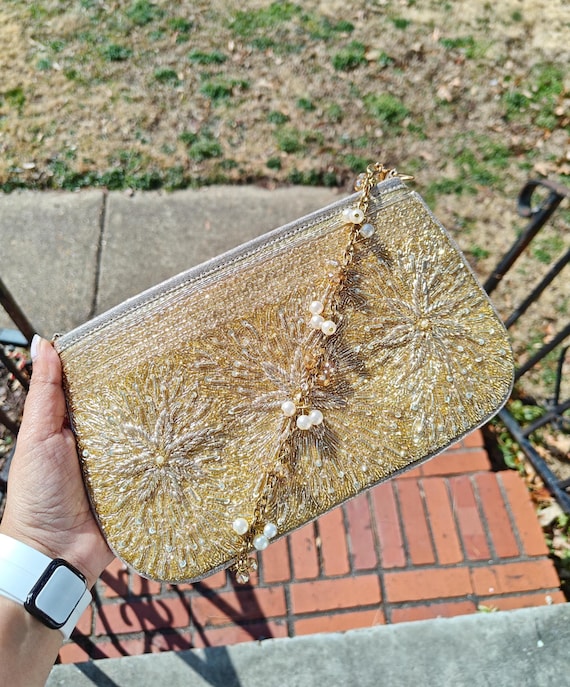 Gold Beaded Clutch, Pearl Chain Evening Bag, Floral Embroidered Bridal Pouch