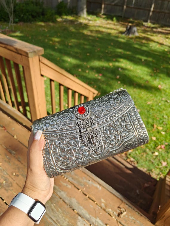 Silver Brass Clutch: Floral Engraved Indian Wedding Metal Handbag Crossbody