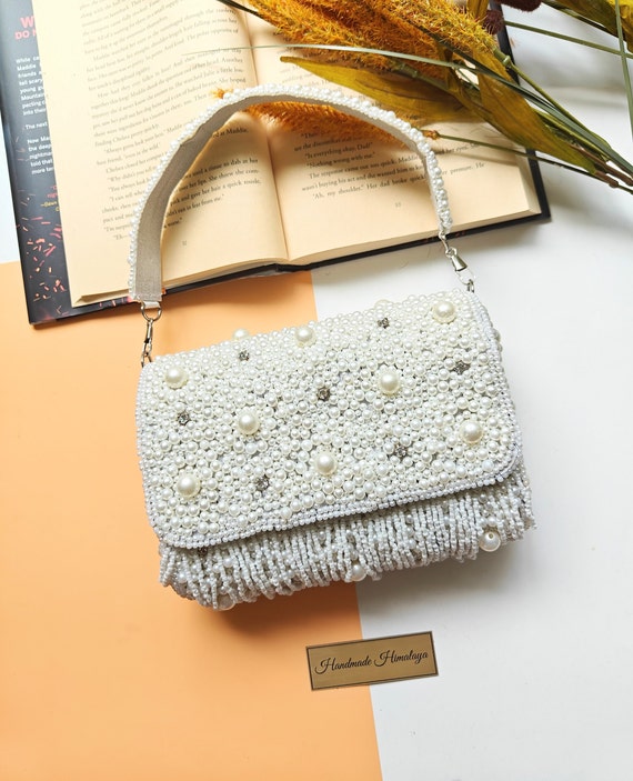 White Beaded Clutch Bag Bridal Wristlet Handbag Pearl Beaded Purse SeedBead Off White Crystal Embroidered Prom Night Gift for Her