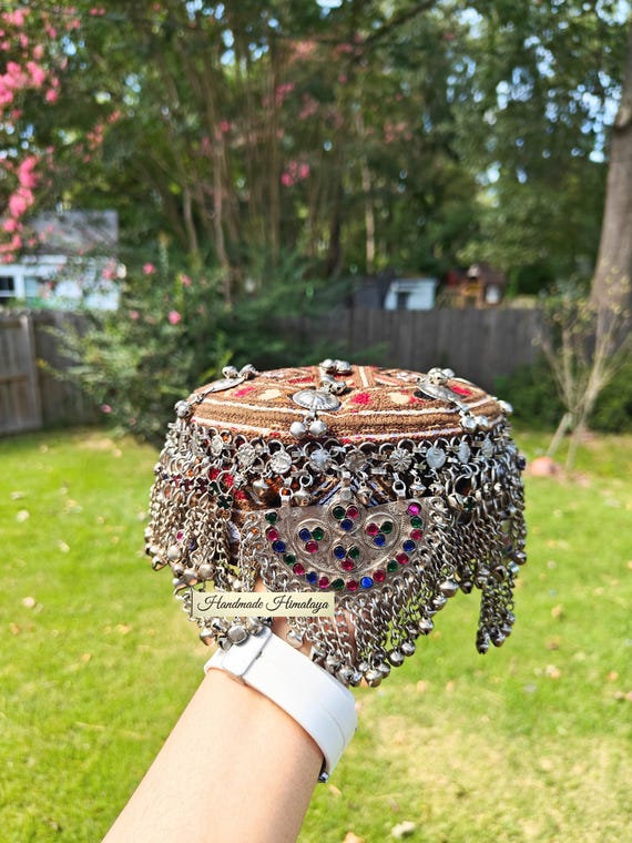 Embroidered Afghan Mathapati Cap: Kuchi Tribal Headpiece Embellished