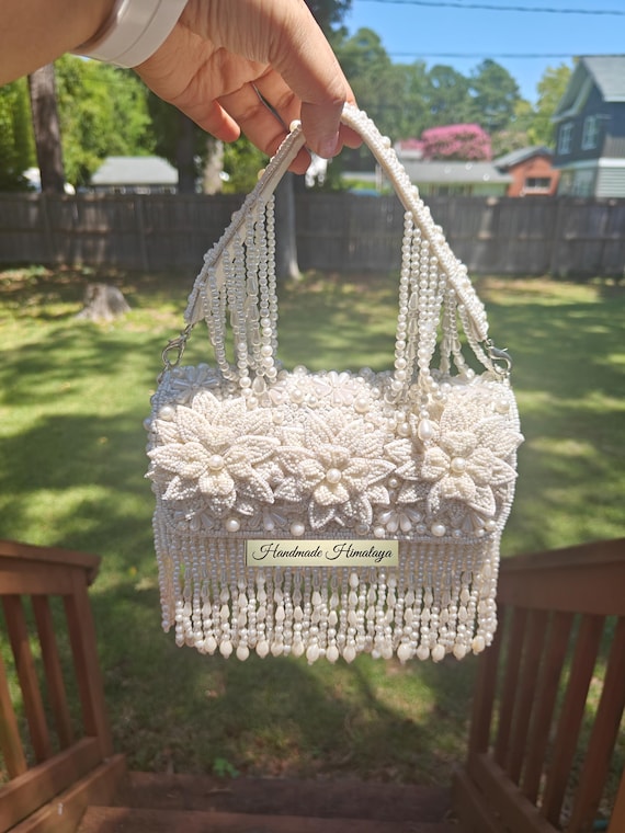 Bridal Bag, White Floral Faux Pearl Beaded 3D Embroidered Bridal Wedding Handbags, Bridesmaid Gift, Purse Clutch, Wristlet with Fringes