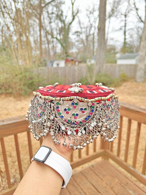 Embroidered Afghan Mathapati Cap: Halima Sultan Style Jewel Red Embellished Hat