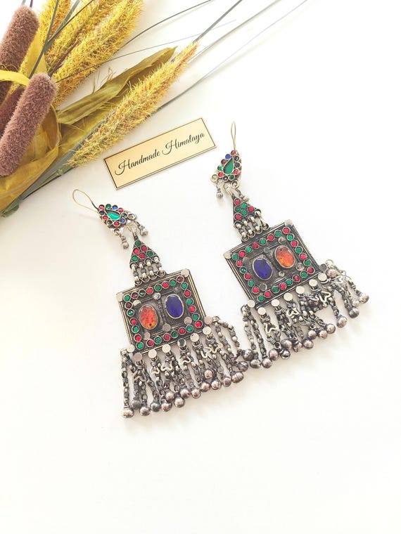 Vintage Afghan Kuchi Earrings | Boho Red Blue Stone Chandelier | Tribal Belly Dance Silver Dangles