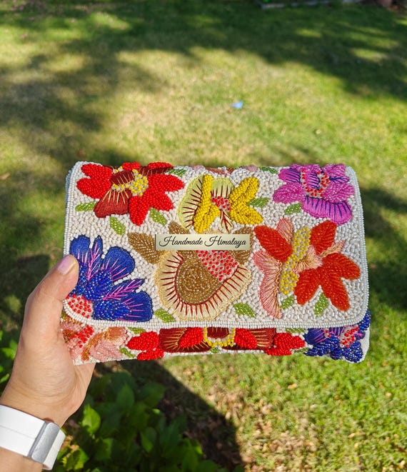 White Beaded Clutch, Colorful Flower Purse, Crossbody Bag, Party Evening Bag, Summer Purse, Embroidered Floral Bag, Beaded Bag, Beaded Purse
