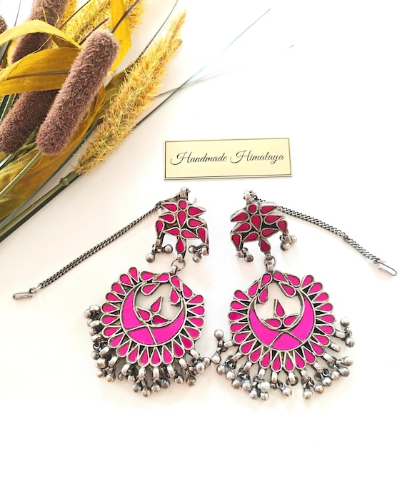 Pink Glass Silver Earrings | Vintage Afghan Tribal Chandbali Style Dangles |  Hot Pink Jewelry Statement