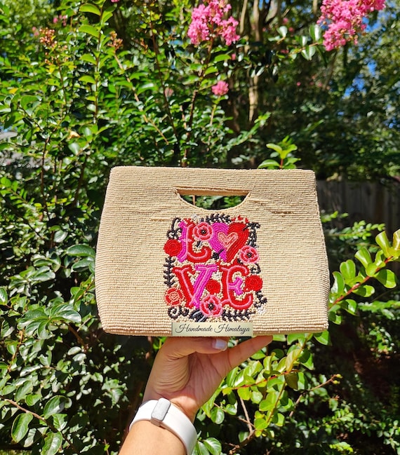 Handmade LOVE Beaded Clutch | Romantic Floral Heart Evening Bag | Ivory Embroidered Crossbody Purse