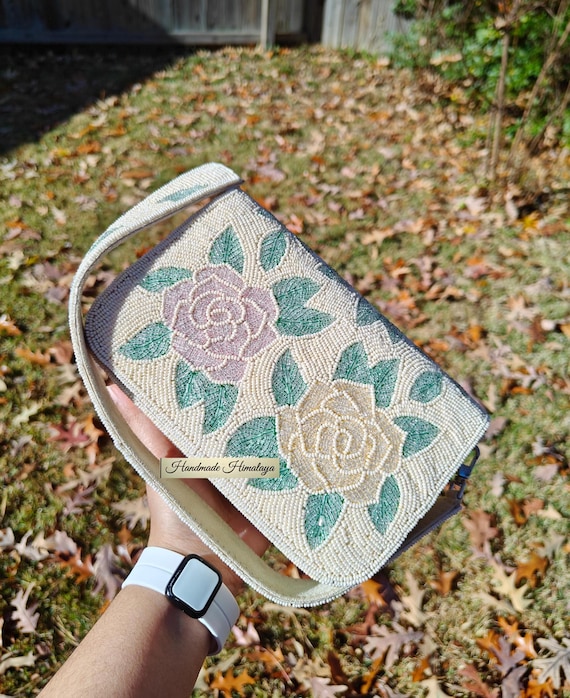 Ivory Floral Beaded Handbag, Rose Embroidered Bead Purse, Vintage Style Evening Bag