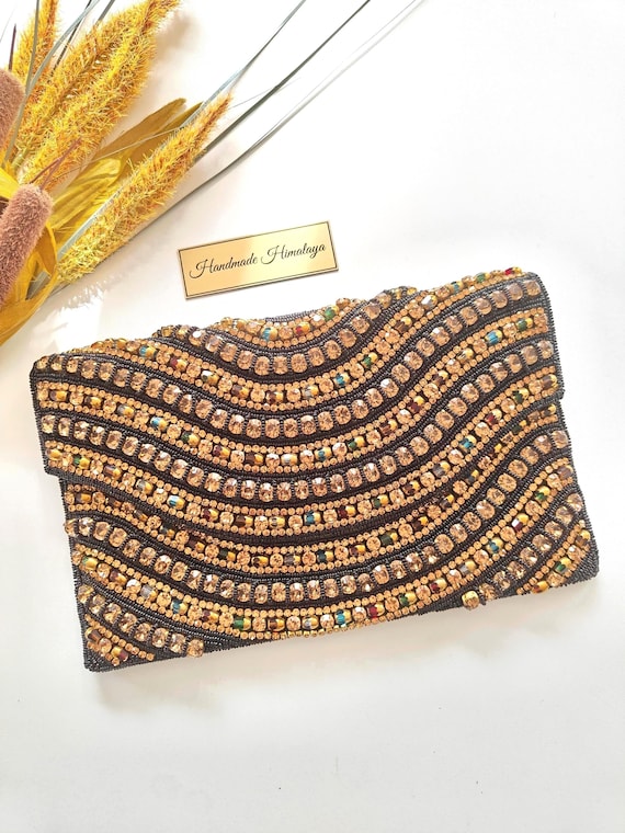 Gold Rhinestone Purse | Black Beaded Evening Clutch | Gala Cocktail Crossbody Bag