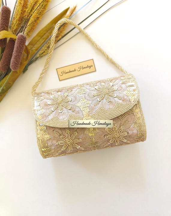 Gold Bridal Clutch, Nude Champagne Floral Wedding Purse Evening Bag