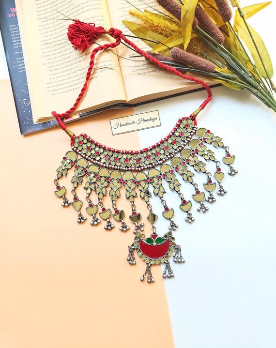 Vintage Afghan Jewelry, Kuchi Tribal Necklace, Indian Glass Katesari Necklace, Gypsy Ethnic Belly Dancer Red Mirrors Jewelry