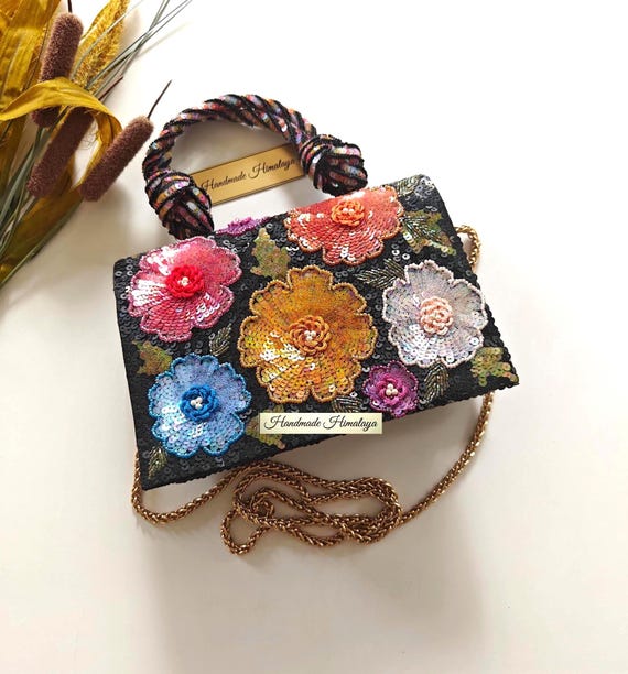 Black Floral Bridal Purse | Colorful Beaded Wedding Evening Bag