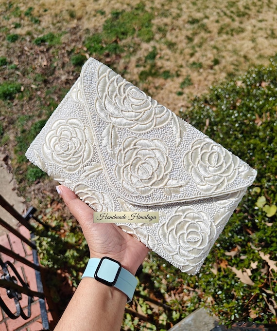 White Rose Beaded Purse | Ivory Floral Evening Bag | Vintage Style Bridal Clutch with Chain
