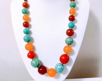 Nepali Folk Beads Nepalese Necklace with Oval Red Black Blue White Fused Glass Beads FREE SHIPPING Beads with Floral Design