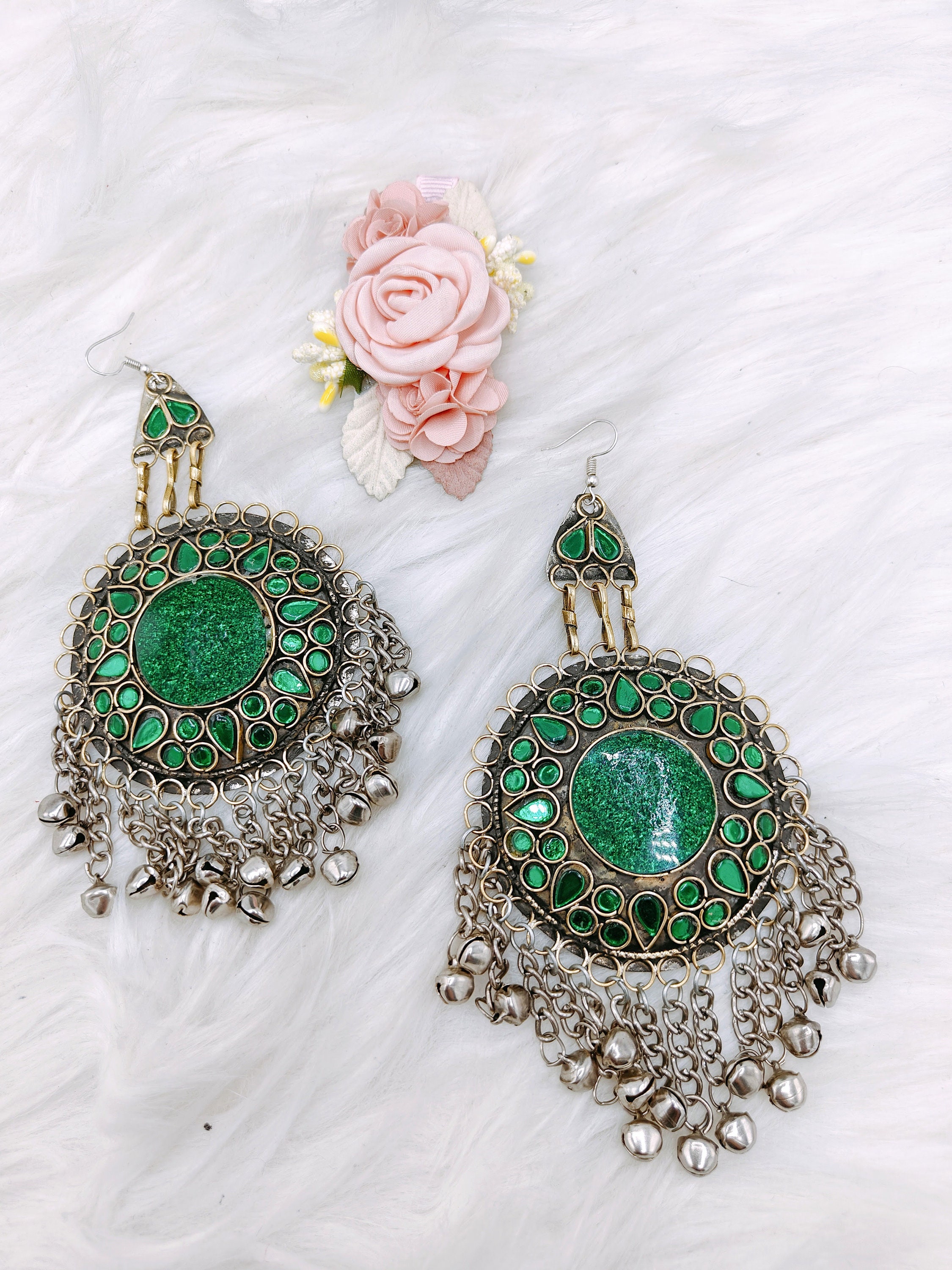 Afghan Earrings Afghani Glass Earrings Kuchi Jewelry Afghan Green Earrings Boho Jewelry Tribal Earrings Oversized Afghan Earrings
