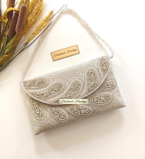 Silver Beaded Clutch | Crystal Bridal Wedding Purse