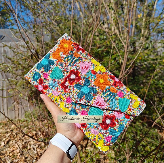 Colorful Beaded Clutch Wild Flower Seed Bead Purse Evening Bag