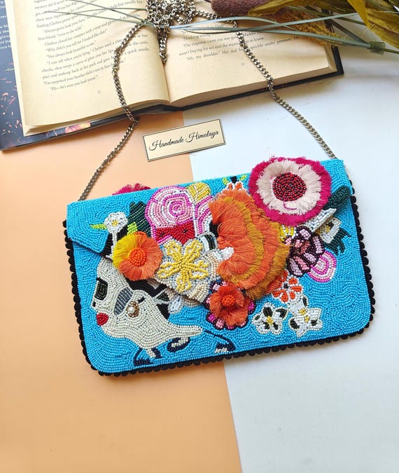 Blue Beaded Clutch, Bridal Blue Purse, Beach Wedding Clutch, Work of Art, Beaded Purse, Crossbody Bag, Lady With Flowers Bag, Summer Clutch