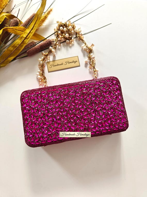 Hot Pink Crystal Clutch | Pink Bridal Wedding Evening Bag