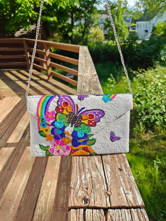 Butterfly Beaded Clutch, Colorful Rainbow Design, Gift for Her, Summer Purse, Party Evening Clutch, Outdoor Clutch, White Beaded Purse