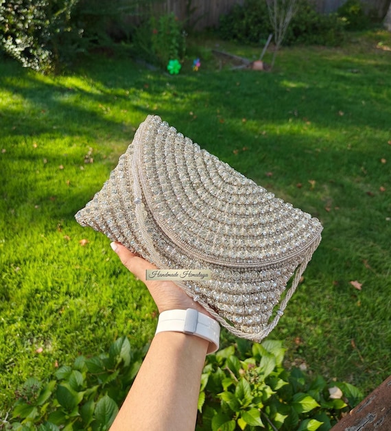 Silver Purse, Wedding Clutch, Party Evening Clutch, Embellished Purse, Seed Bead Bag, Silver Diamond Wristlet, Crossbody Bag, Gift for Her