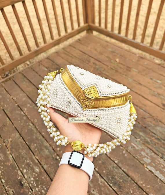 Pearl Beaded Brass Clutch Gold Metal Mini Wedding Bag Bride Handbag