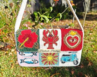 Tropical Beaded Bag | Lobster Martini Hibiscus Sardines Patchwork Shoulder Purse