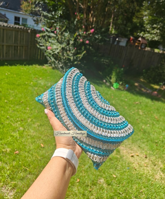 Blue Silver Clutch, Beaded Purse, Cocktail Party Evening Bag, Wedding Clutch, Crossbody Purse, Luxury Purses, Gift for Wife, Bride Wristlet