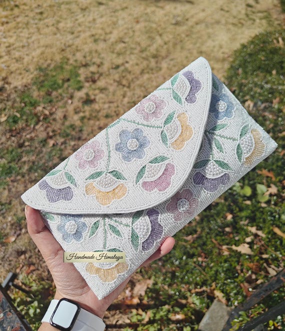 White Beaded Bridal Clutch | Pastel Floral Seed Bead Wedding Bag (Crossbody)