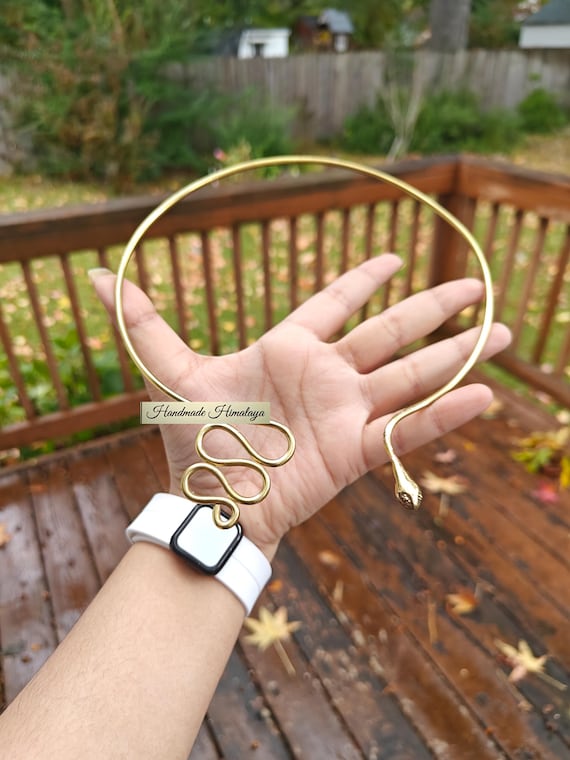Snake Brass Choker, Serpent Open End Torc, Gold Hasli Necklace, Gypsy Tribal Necklace