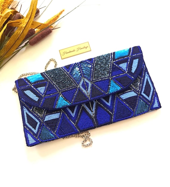 Blue Geometric Beaded Clutch | Statement Evening Purse