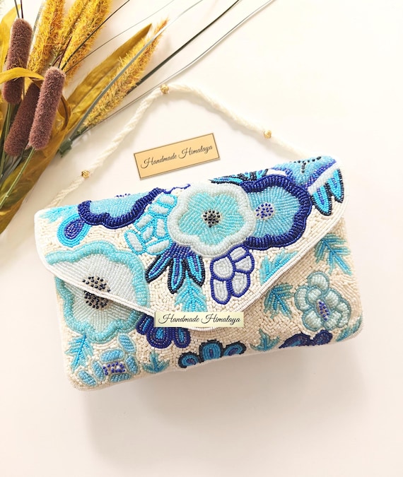 Blue Floral Beaded Clutch, Wedding Guest Evening Purse