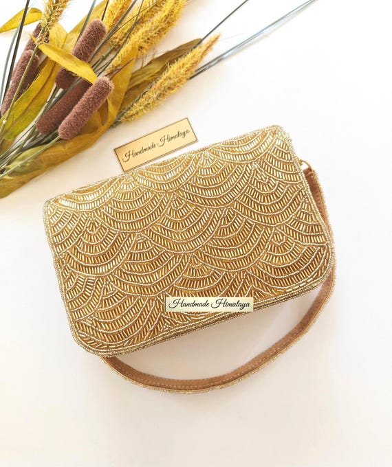 Gold Beaded Purse | Art Deco Seed Bead Evening Bag | Bridal Wedding Clutch | Vintage Inspired Party Handbag