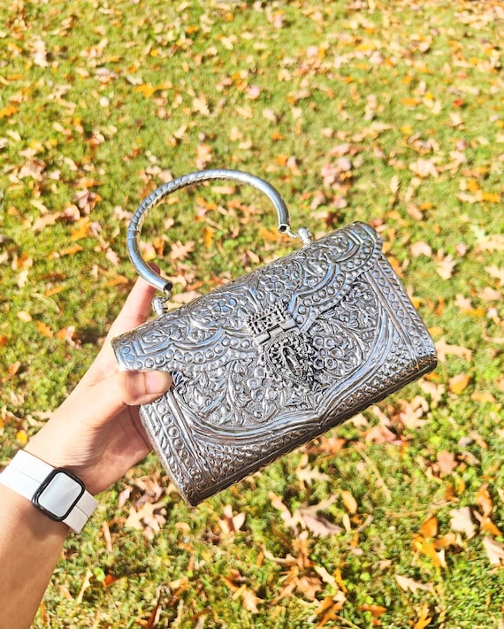 Silver Brass Clutch: Floral Engraved Indian Wedding Metal Handbag