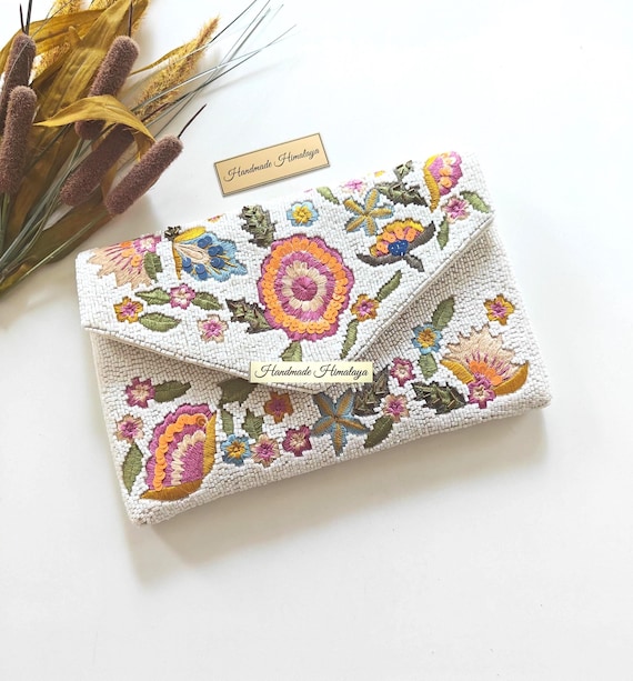 White Floral Bridal Clutch | Colorful Beaded Wedding Purse