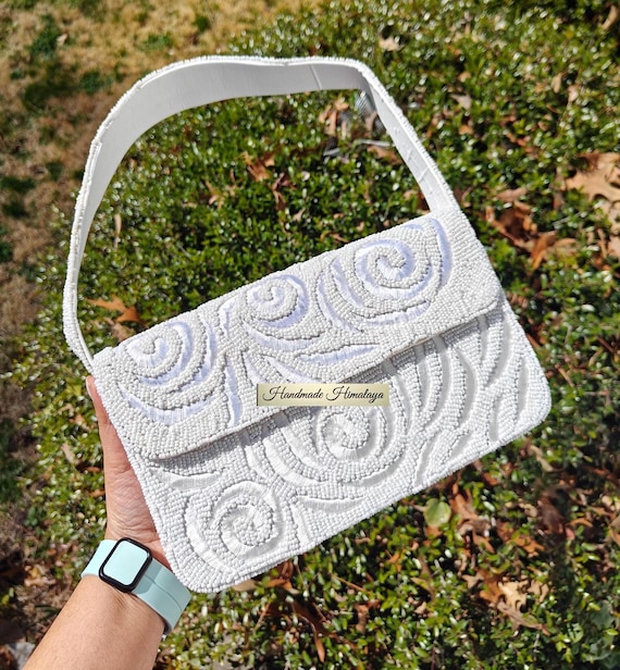 White Beaded Bridal Bag | Rosette Shoulder Purse | Swirl Pattern Handbag for Wedding Guest or Gala