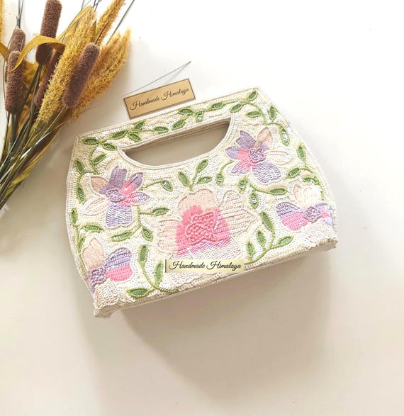 Ivory Floral Beaded Clutch | Pink Lavender Sequin Embroidered Purse, 10x7 Inch Handcrafted Evening Bag