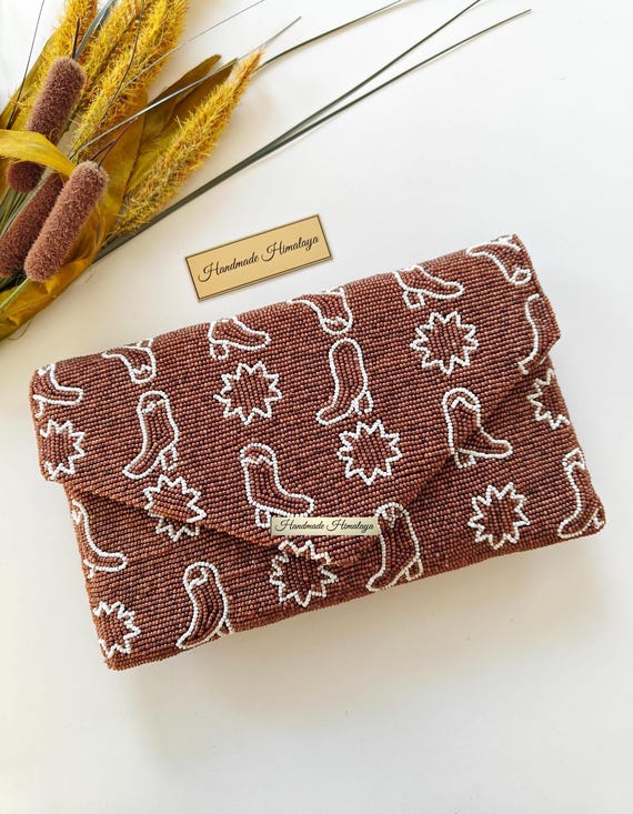 Cowboy Boot Brown Beaded Bag | Western Paisley Cowgirl Purse |  Country Concert  Evening Clutch