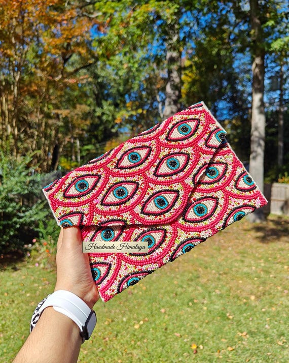 Pink Evil Eye Beaded Clutch, Colorful Seed Bead Envelope Purse, Handmade Boho Evening Bag, Statement Beaded Handbag
