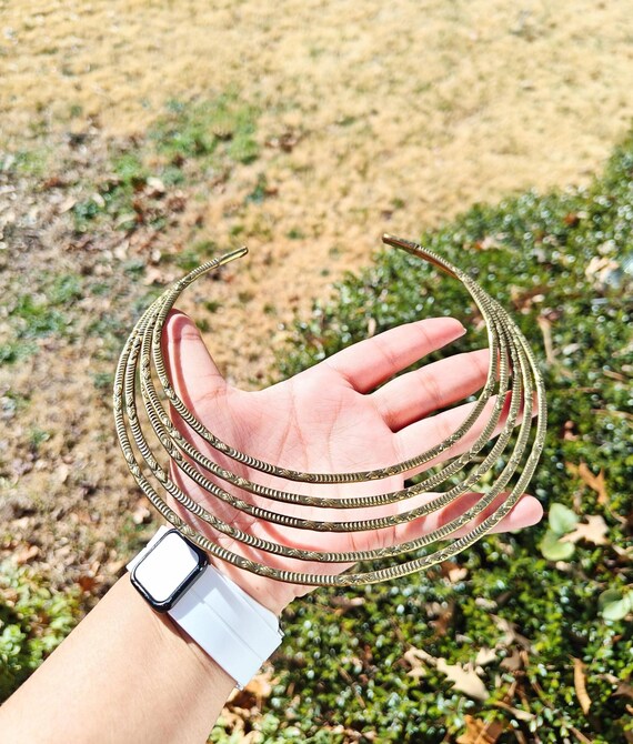 Gold Brass Choker Engraved Tribal Hasli Open End Layered Collar Torque Necklace Jewelry